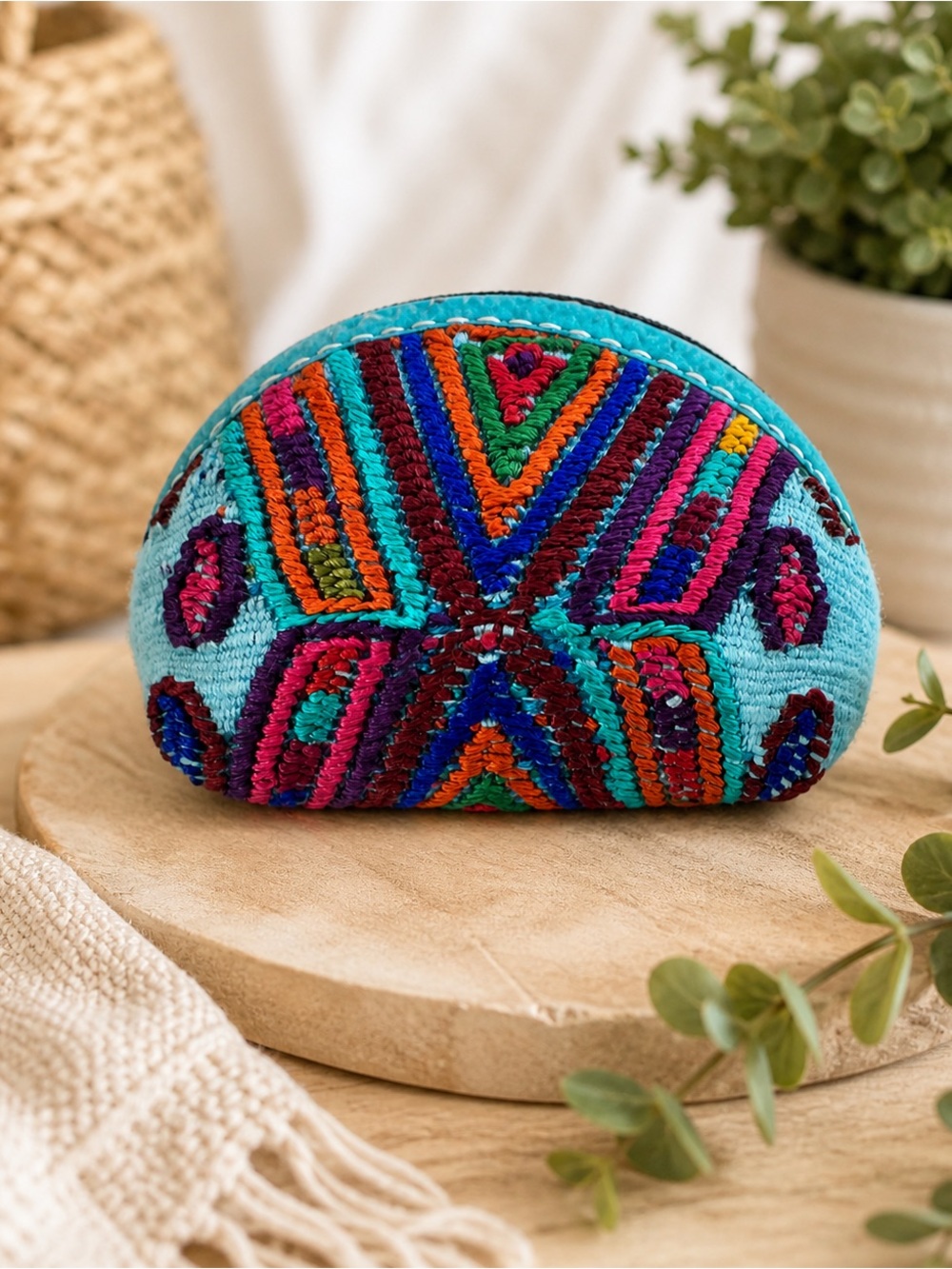 Handwoven Guatemalan Huipil Coin Purse – Turquoise Geometric Artisan Pouch